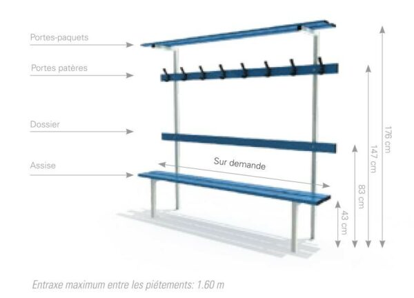 Banc de vestiaire avec dossier et porte patères - Fixation murale