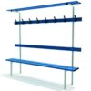 Banc de vestiaire avec dossier, porte patères et porte paquets - Fixation murale et au sol